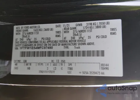 2021 Ford F-150 Lariat из США, поврежденный, VIN 1FTFW1E54MFC97490